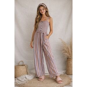 Billabong Sz S Smocked‎ Stripe Wide Leg Jumpsuit Boho Festival Spring Summer